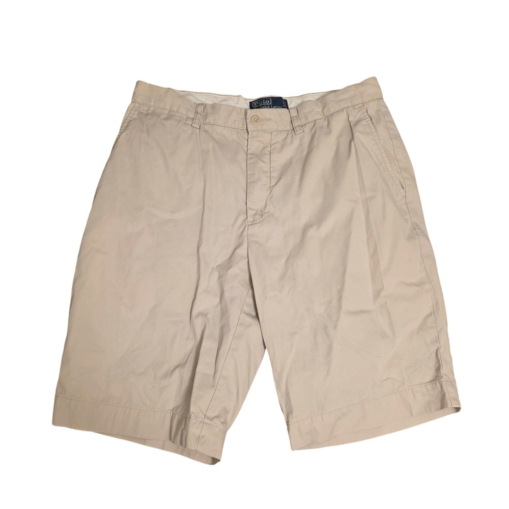 Vintage Polo Ralph Lauren Mens Tan Khaki Chino Shorts Cotton Size 33 Flat Front